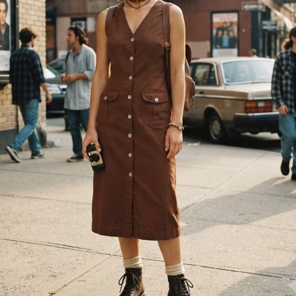 Vintage 90s St. John's Bay Brown Linen Blend Maxi Dress Size 10 Utility Safari